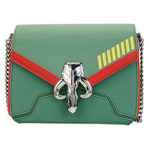 Green crossbody bag with red and yellow details in similar style to Boba Fett's helmet